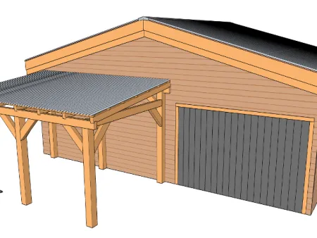 Abri-garage paracyclonique à deux pentes avec carport adossé: Variante 11C